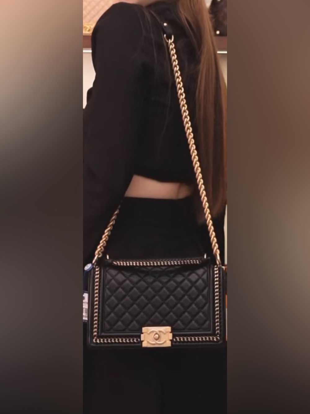 CHANEL Black Quilted Boy Bag with Gold Chain